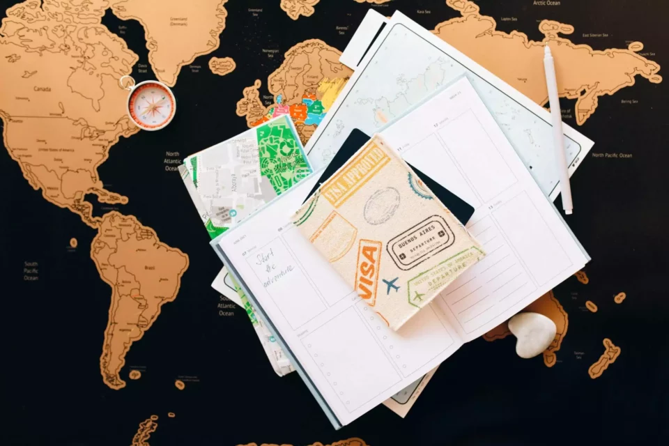 Visas and travel documents on a world map