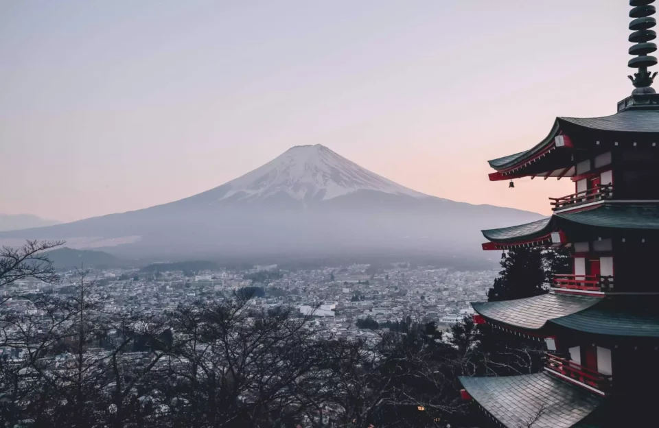 A photograph of a sunrise over Mount Fuji in Japan