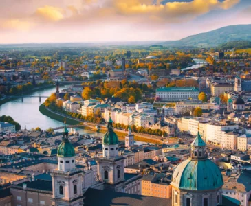 Beautiful of Aerial panoramic view in a Autumn season at a historic city of Salzburg