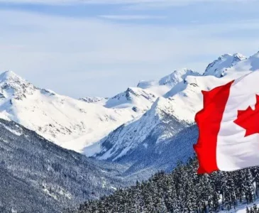 Canadian flag with a view of the mountains