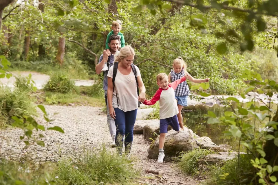 A family walking in woods