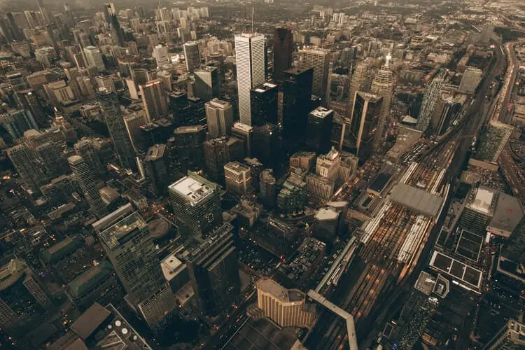 An aerial view of a big, urban environment
