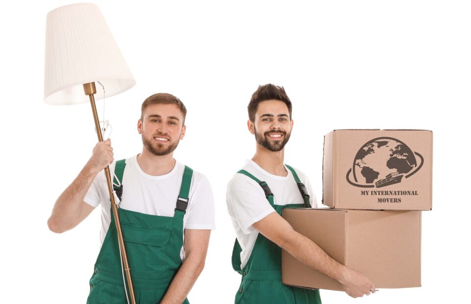 Young workers carrying stuff isolated on white. Moving service